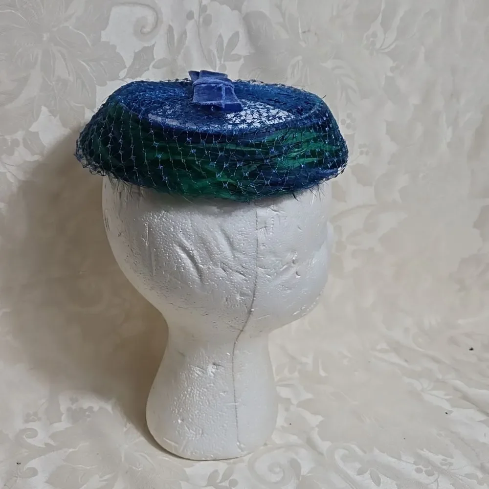 Vintage Blue and Green Feathered Netted Women's Hat with Bow